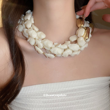Layered White Shell Chip Statement Necklace with Gold Tone Accent
