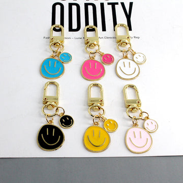 Gold Tone Double Smiley Face Charm Clip Keychains in Six Colors