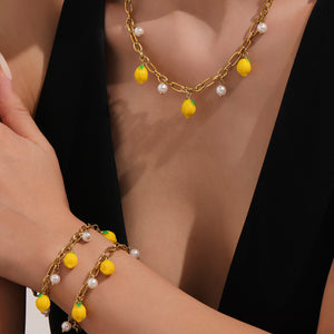 Gold Lemon Resin Charm Necklace Bracelet Anklet Pearl Set