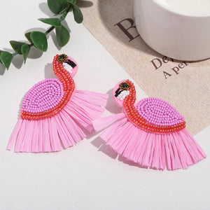 Beaded Flamingo Earrings With Pink Raffia Fringe Skirt