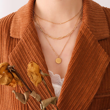 Triple Layer Gold Necklace Carpe Diem Coin Pendant Set