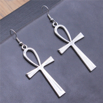 Large Ankh Cross Metal Drop Earrings in Four Finishes