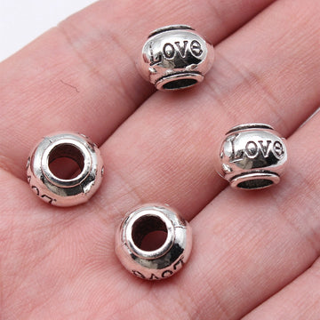 Antique Silver Love Letter Large Hole Barrel Bead for Jewelry Making
