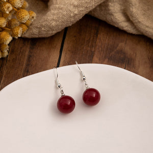 Deep Red Round Bead Drop Earrings with Silver-Tone Hooks, Zinc Alloy