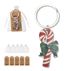 Candy Cane Wooden Keychain with Green Bow, Printed Christmas Key Ring