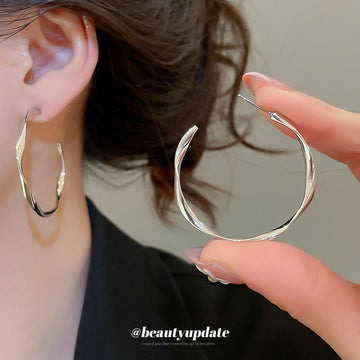 Silver Tone Wavy Outline Large Open Hoop Stud Earrings