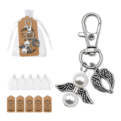 Packaging overview shows the angel-wing pearl clasp charm with an organza bag and kraft tags.