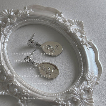 Silver-Tone Embossed Rose Oval Pendant Drop Earrings