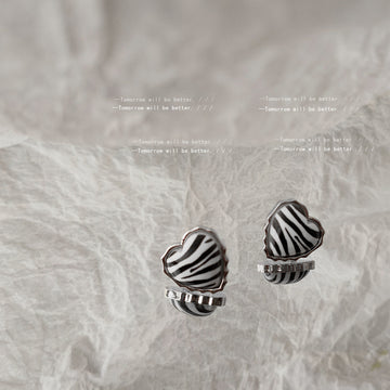 Black White Zebra Stripe Heart Stud Earrings Silver Rim