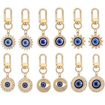 Twelve Piece Gold Tone Rhinestone Evil Eye Clip Keychain Set