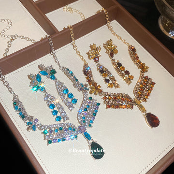 Silver Blue Green Crystal Drop Earring Necklace Gold Coffee