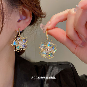 Iridescent Crystal Flower Gold Tone Statement Drop Earrings