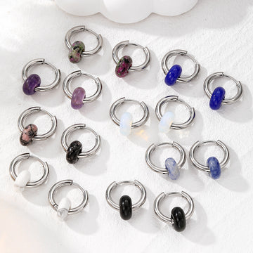Silver Tone Textured Donut Stone Bead Hoop Earrings in Eight Colors