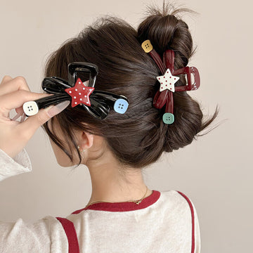 Black Acrylic Bow Red Polka Star Button Claw Hair Clip