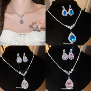 Silver Teardrop Crystal Pendant Necklace Earring Sets