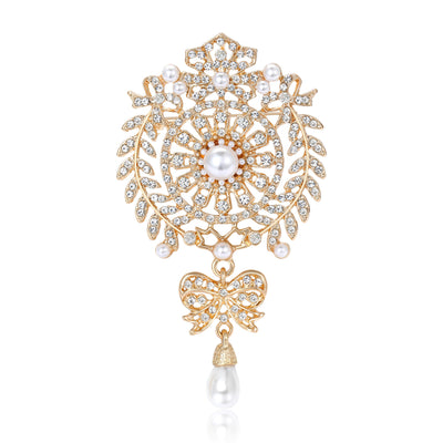 Crystal Rosette Bow Drop Brooch front view