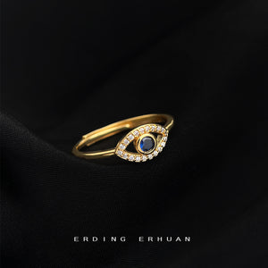 Gold-Tone Blue Center Crystal Eye Open Adjustable Ring