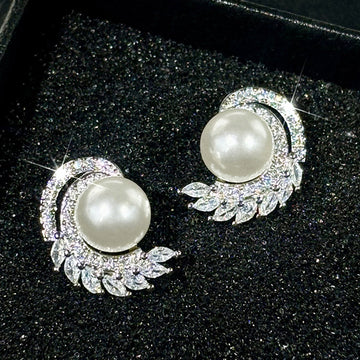 Silver Tone Faux Pearl Stud Earrings with Leaf CZ Accents