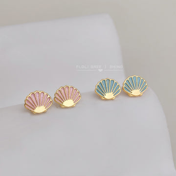 Gold Tone Shell Stud Earrings In Pink And Blue Enamel