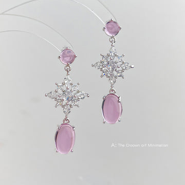 Silver Tone Pink Cabochon Star Drop Earrings Clear Stones