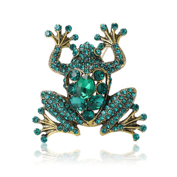 Green Crystal Frog Brooch with Antique Gold Tone Frame