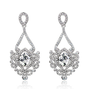 Champagne Silver Tone Champagne Crystal Floral Teardrop Metal Dangle Earrings
