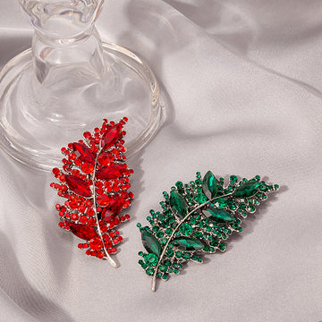 Crystal Rhinestone Leaf Brooch Pins Red and Green Metal Alloy