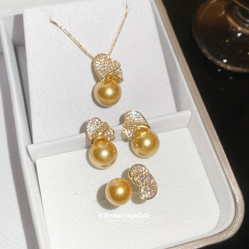 Gold Pearl Heart Leaf Pendant Necklace Ring Stud Earrings