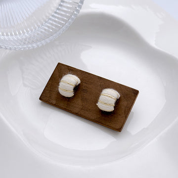 White Yarn Wrapped Arc Stud Earrings Gold Wire Stripes