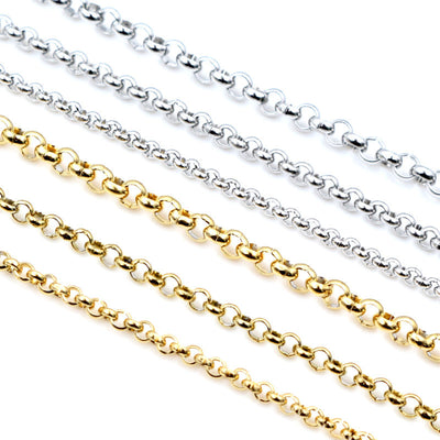 Round Link Stainless Steel Jewelry Chain in Six Options, grouped overview on a plain background