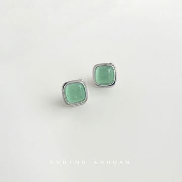 Silver Tone Pale Green Cat Eye Cushion Square Stud Earrings