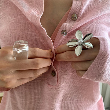 Silver Large Flower Pearl Center Open Statement Ring