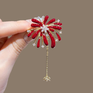 Gold Red Enamel Firework Burst Brooch Crystal Drop Chain