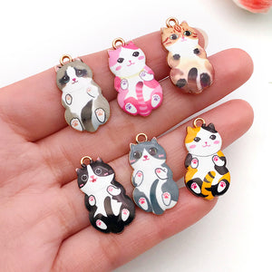 Printed Cat Charms in Zinc Alloy With Enamel, Six Colors Plus a Set