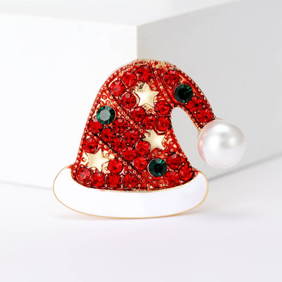 Red Crystal Santa Hat Brooch With White Pearl Pom Pom shown from the front on a white background