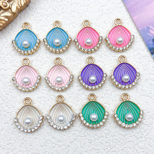 Enamel Shell Charm with Pearl and Rhinestone Edge, Zinc Alloy