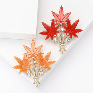 Gold Three Maple Leaf Brooch Rhinestone Enamel Leaves