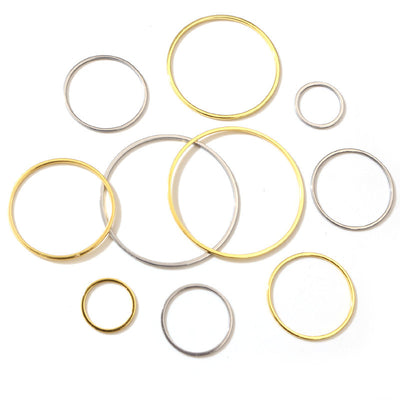 Grouped front view of stainless steel hoop earring findings in twenty size options