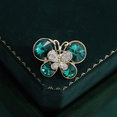 Green large crystal butterfly brooch gold frame on dark green box