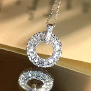 Silver Double Circle Baguette Cubic Zirconia Pendant Necklace