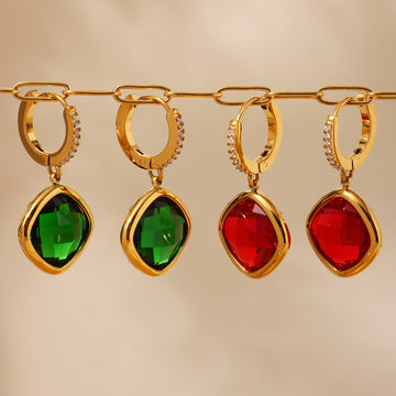 Gold Hoop Drop Earrings Cushion Czech Glass Pave Hoops