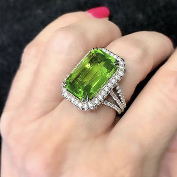 Silver Olive Green Emerald Cut Halo CZ Ring Sizes 6-10