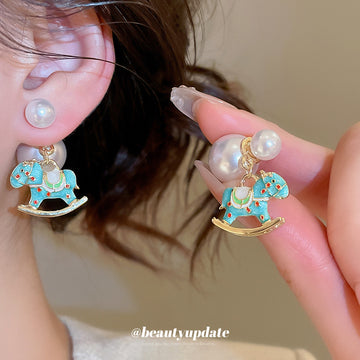 Pearl and Blue Enamel Rocking Horse Stud Earrings Jewelry Design
