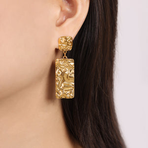 Molten Texture Rectangle Drop Stud Earrings Gold Steel