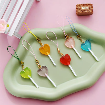 Main product view of translucent Heart Lollipop Phone Strap Charms in Six Colors