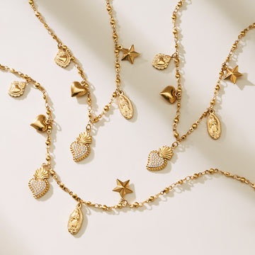 Sacred Heart Multi Charm And Bow Necklace Gold Steel
