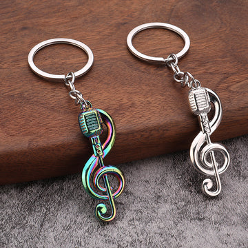 Microphone Treble Clef Metal Keychain in Silver and Iridescent