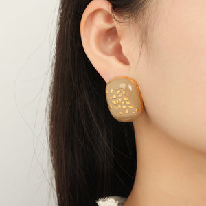 Taupe Enamel Square Stud Earrings Gold Silver Flake Accents