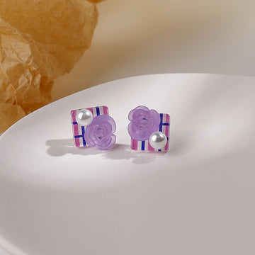 Purple Rose Plaid Square Stud Earrings Pearl Accent