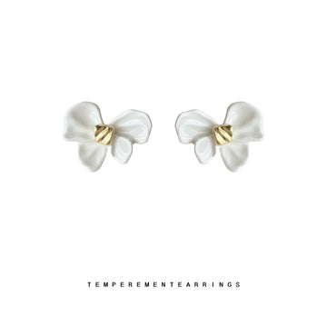 White Enamel Bow Stud Earrings With Gold Center Knot